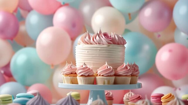 Colorful cake and cupcakes are displayed on a table with balloons in a party setup