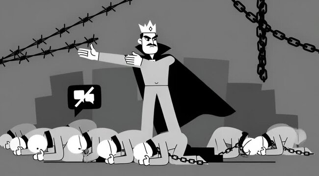 Illustration of a tyrant ruler controlling oppressed citizens with chains in a monochromatic style against a dark background