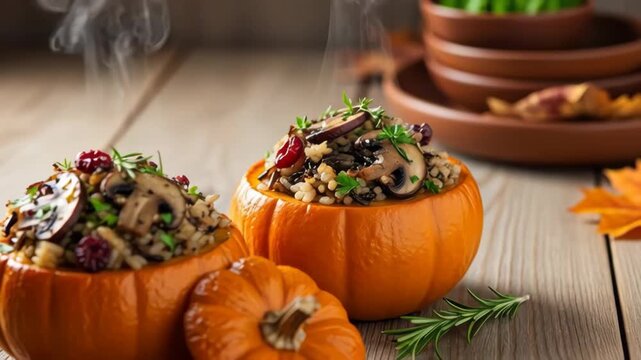 Two small pumpkins hollowed and filled with wild rice and mushroom stuffing topped with cranberries and fresh herbs, served on a rustic wooden table for an autumn harvest meal