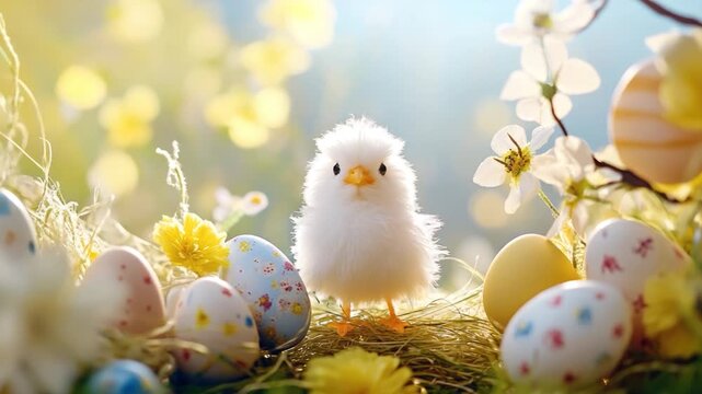 A small chicken standing in a nest surrounded by eggs, ready for incubation