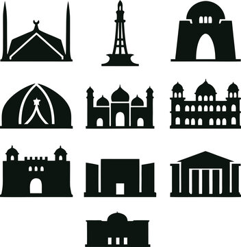 Pakistan national buildings vector icon set including Mazar e Quaid, Lahore Fort, and Faisal Mosque, minimal outline design, scalable SVG, perfect for travel, maps, and UI use.