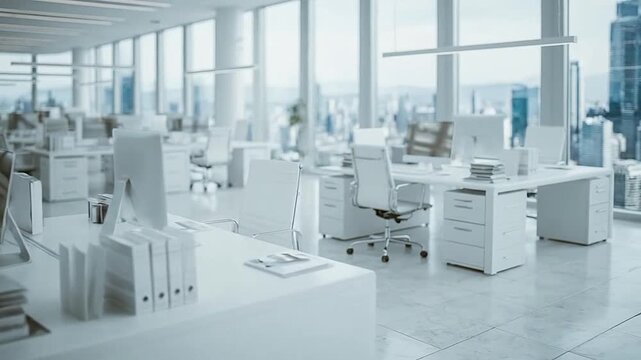 Bright and spacious modern office interior with empty desks and city views.