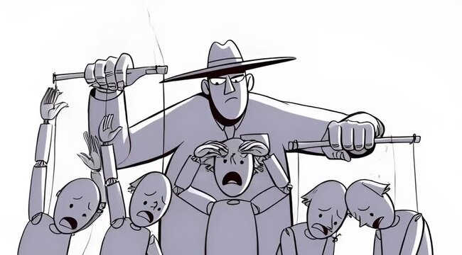 Puppet Master Manipulating Emotionless Puppets in a Dark and Artistic Illustration