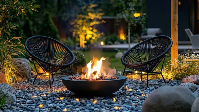 Enjoying a fire in a garden during evening time with seating and lights around