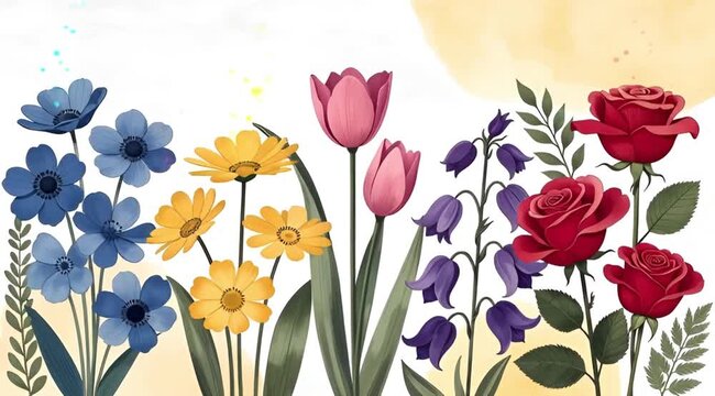 Colorful Floral Arrangement with Various Blossoms and Green Leaves on a Light Background Ideal for Spring and Nature Themes