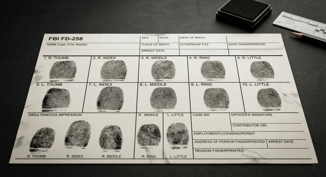 Blank Fingerprint Card Resting on a Dark Gray Surface Next To Ink Pad