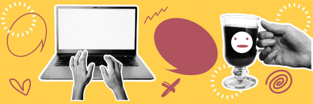 Halftone pop art dot laptop computer keyboard typing hands speech bubble online work communication technology vector illustration