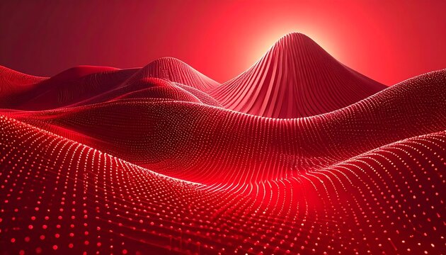 A vibrant, abstract digital landscape. Crimson waves undulate beneath a radiant light. The composition features rhythmic dots and undulating forms