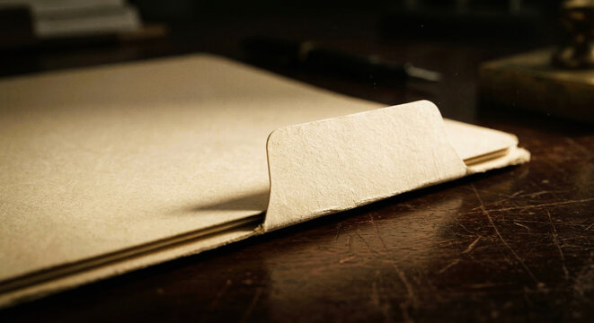 Blank File Folder Lying Flat on a Dark Wood Desk