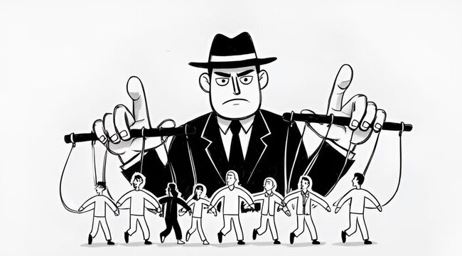Puppet Master Controlling People with Strings in Black and White Illustration of Manipulation and Power Dynamics in Society