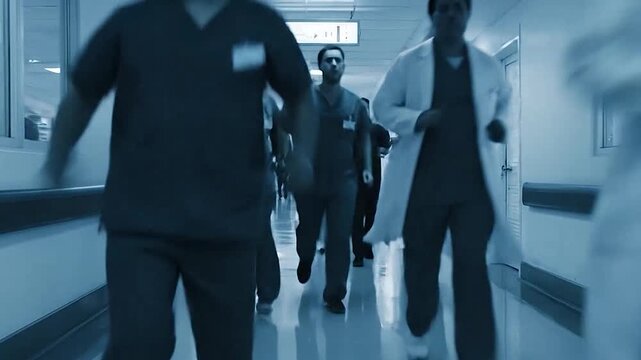 A team of doctors and nurses running down a hospital corridor