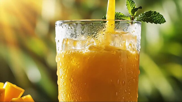Fresh Mango Smoothie Pouring Into Glass With Ice Cubes, Tropical Summer Drink