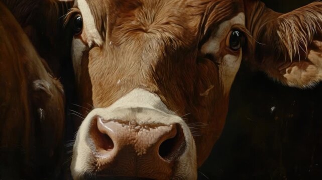 Close-up view of a cow's face with other cows in the background, suitable for agricultural or rural-themed projects