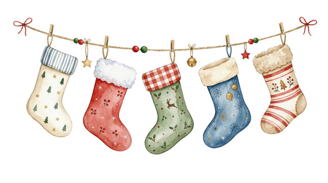 Christmas watercolor hanging stockings on rope with clips, festive holiday socks garland decoration isolated on white or transparent background