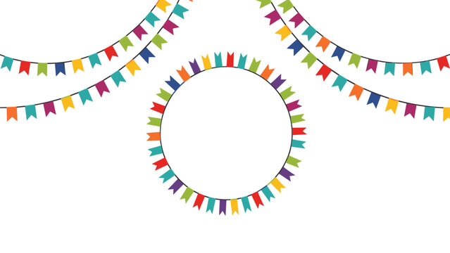 Festive decoration of colorful bunting flags in various arrangements and a circular frame for party and event themes.