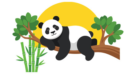 Giant panda sleeping on tree branch with yellow sun and green bamboo forest © SADIKUR