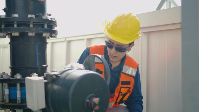 Professional female engineer in safety gear operating a manual valve on industrial pipe system. Expert technician performing maintenance on water treatment plant machinery in a factory setting.