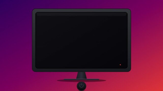 Futuristic digital display boot-up sequence showcasing dynamic interface with vibrant gradient colors and geometric shapes on a monitor turning on