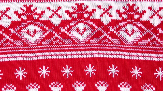Festive red and white knitted pattern featuring traditional holiday motifs. Ideal for winter celebrations and cozy seasonal decor