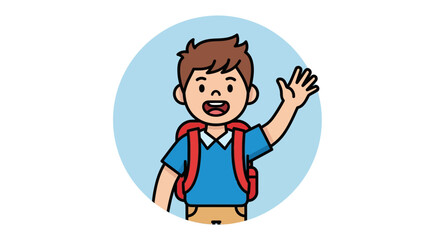 Fototapeta premium Happy Boy Waving Hello with Backpack, Ready for School