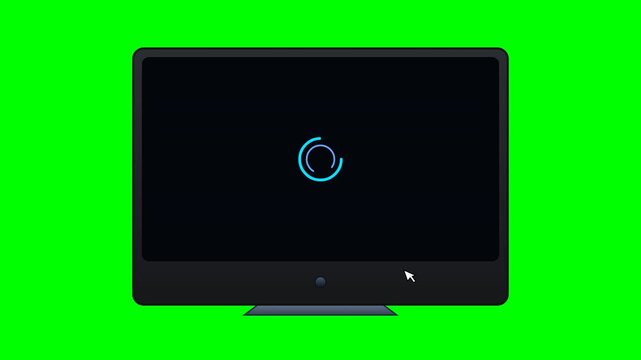 Digital loading animations with various progress indicators displayed on multiple black computer monitors, featuring a mouse cursor, isolated on a