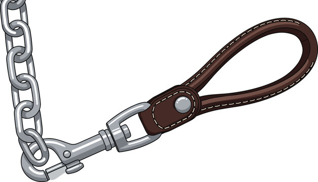 Dog Chain Leash with Leather Handle Vector Illustration Featuring Metal Clip Hook and Steel Links for Pet Walking Control Equipment