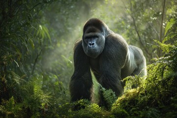Naklejka premium Majestic silverback gorilla in tropical rainforest with powerful presence and calm gaze