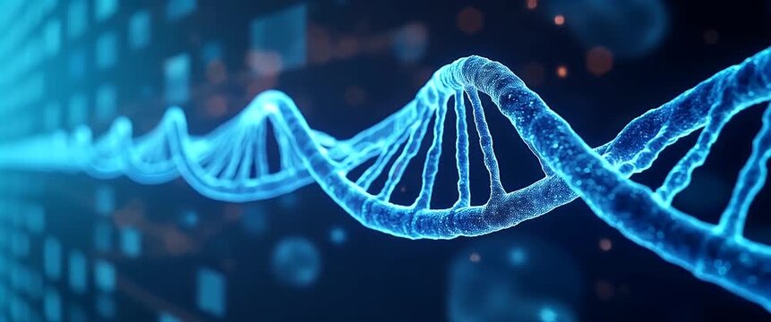 Glowing DNA strand gently twists in a futuristic, digital space; camera slowly pans across the scene, highlighting molecular patterns in a cinematic, high-tech style.