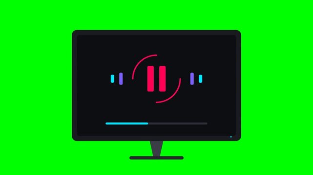Digital audio player interface showcasing play pause functions and sound equalizer animation on chroma key