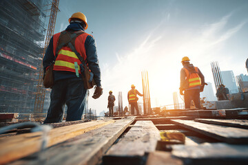 Construction workers in high-visibility gear inspecting a job site with safety barriers and warning signage for hazard prevention and compliance
