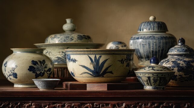 Blue and white antique porcelain bowls and vases on a warm wooden surface