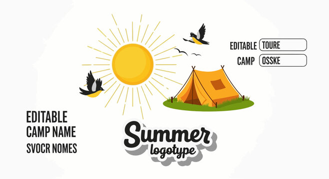 Summer camp logo vector, editable template with tent, sun, birds