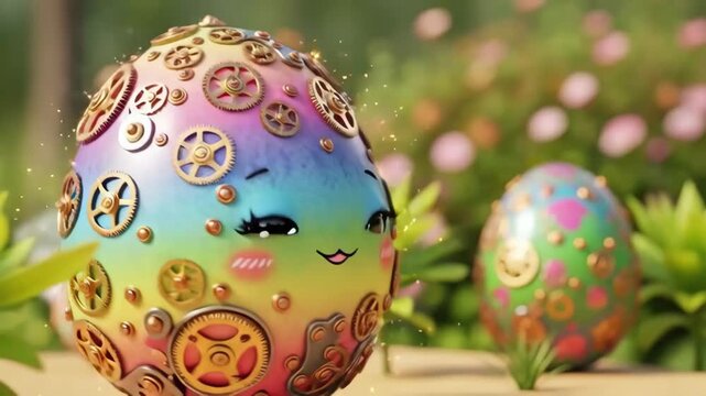 Colorful steampunk egg character with brass gears and big sparkling eyes puffing steam in a sunny garden. a cute kawaii mechanical ornament moves, smiles and bobs across a soft floral background.