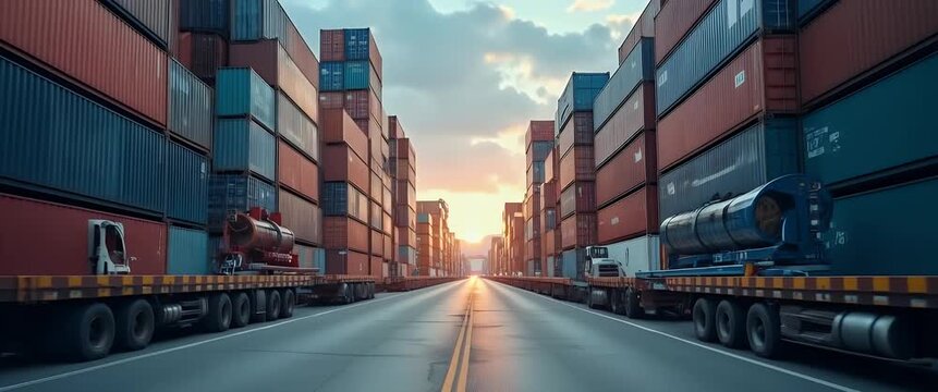 Cargo trucks idle under towering shipping containers as the camera slowly tracks forward, capturing a bustling port at sunrise in a cinematic style, with a vibrant sky backdrop.