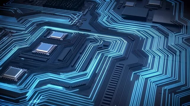 Close-up of a high-tech circuit board with glowing blue lines and microchips. Represents the foundation of modern technology and digital innovation