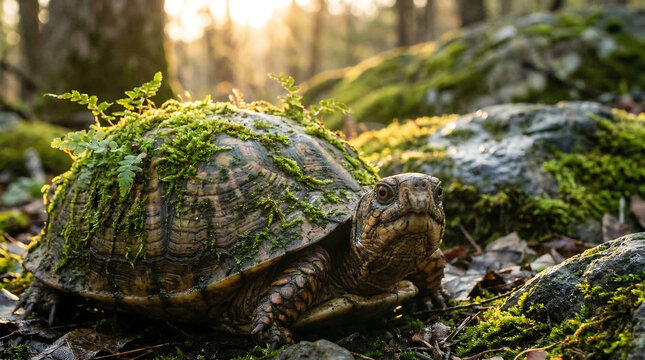 A moss-covered turtle emerges from a sun-dappled forest floor, showcasing nature's slow and steady beauty.