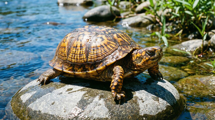 Obraz premium An Eastern box turtle basking on a smooth grey river rock in the natural sunlight.