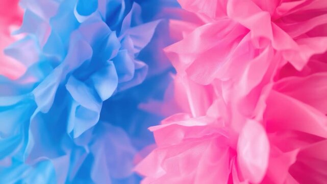 A close-up shot of pink and blue tissue pom poms, often used for decoration or celebration