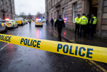 Police cordon tape at crime scene with officers and flashing lights on rainy city street, emergency incident response.