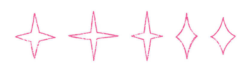 Pink starburst hand drawn set. Crayon texture sparkles and stars vector icons. Kids doodle style magic symbols isolated on white © Api Artworks
