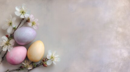 Fototapeta premium Elegant Easter background with pastel eggs and spring blossoms