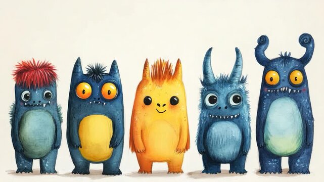 A group of colorful  monsters pose together in a playful scene