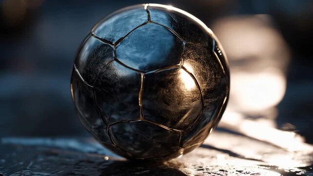 Ultra HD High-tech football concept featuring a polished steel soccer ball with intricate textures and shimmering light highlights on a damp stone ground during golden hour Video.