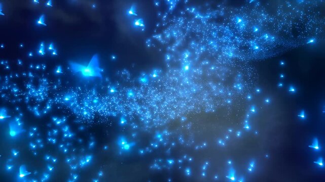 Ethereal blue butterflies swirling in a magical light display. Represents transformation, beauty, and the wonder of nature