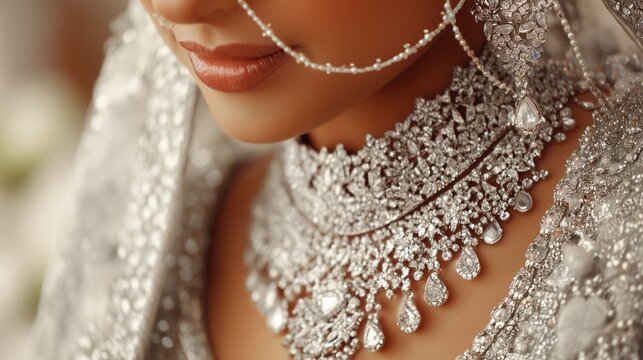 luxury diamond bridal jewelry set with silver necklace and nose chain - traditional wedding look