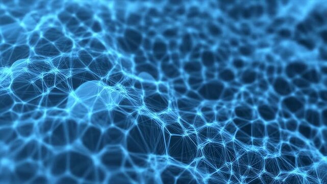 Abstract blue network structure with interconnected nodes and lines. Represents technology, data connectivity, and digital communication