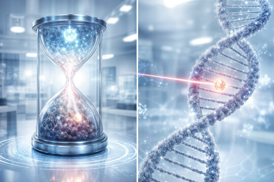 Minimal Residual Disease MRD oncology hourglass and DNA laser scanner illustrating accelerated approval timelines molecular remission and targeted therapy innovation in cancer research