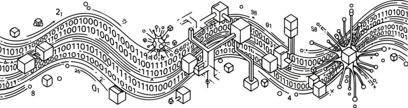 Abstract digital data flow with cubic nodes and binary code streams