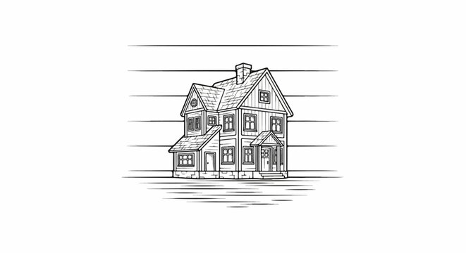 Stylized drawing of a multi-story house with a steep roof and chimney