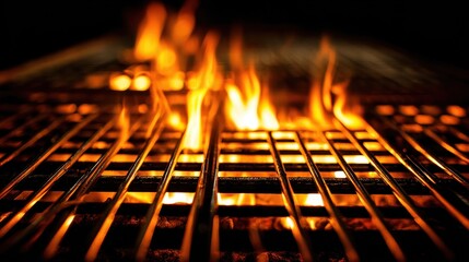 Dramatic shot of a grill grate with flames through the bars on a black background